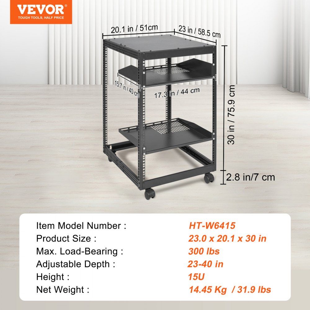 15U-Server-Rack mit offenem Rahmen, 15''-40'' verstellbare Tiefe, freistehender oder an der Wand montierter Netzwerk-Server-Rack, 4-Pfosten-AV-Rack mit Rädern, bietet Platz für Ihre gesamte Netzwerk-IT