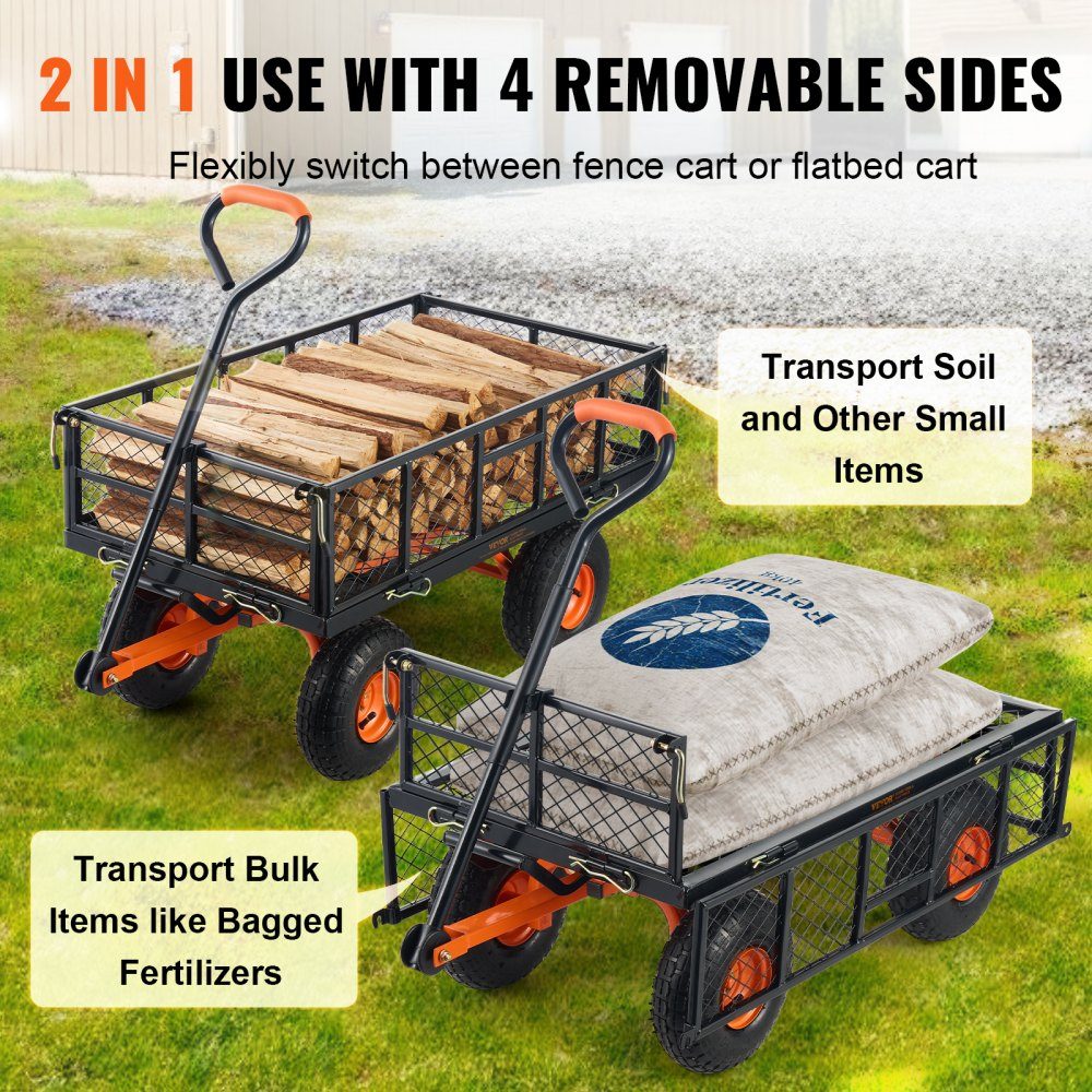 Chariot de jardin, chariot de jardin en métal avec cadre facile à assembler, chariot à main inclinable avec poignée convertible 2 en 1, brouette polyvalente avec capacité de charge de 400 kg, pneus de 10"