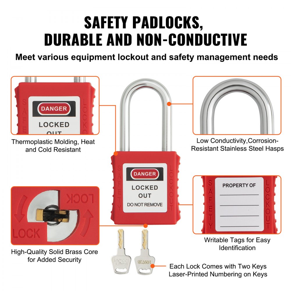 Elektrische vergrendeling Tagout-set, 47-delige Loto-beveiligingsset met hangsloten, grendels, tags, nylon riemen, stekkervergrendelingen, stroomonderbrekervergrendelingen en draagtas