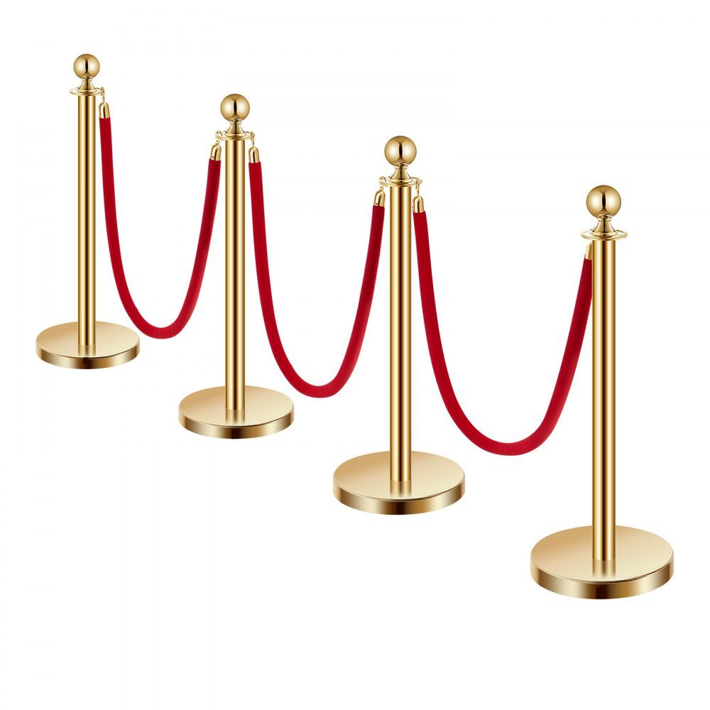 Afzetpalen (4 stuks) voor crowd control met 3 rood fluwelen touwen (1,5 m lang), RVS slagboomstandaard met hervulbare voet voor tentoonstellingen Golden