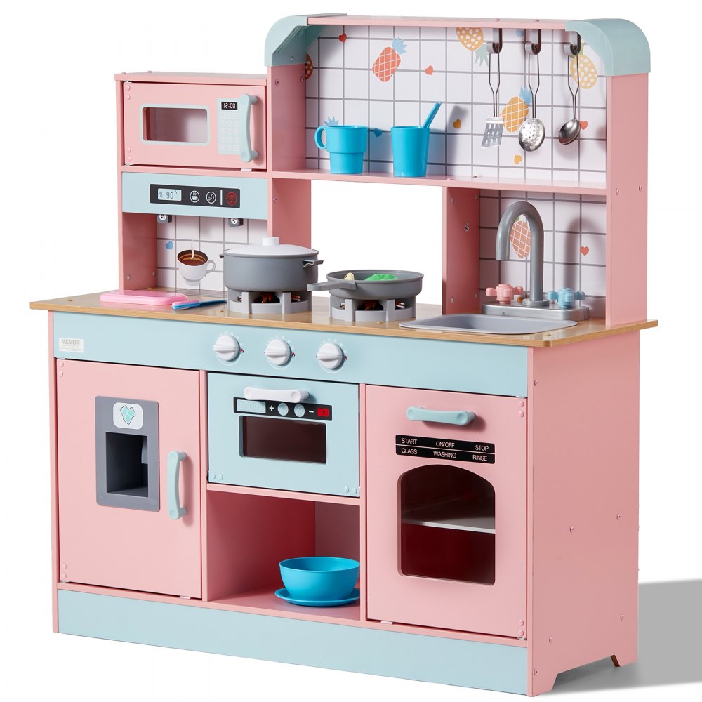 Play Kitchen for Kids, Wooden Toy Kitchen Set with Lights and Sounds, Toddler Kitchen with Ice Cream Maker, Oven, Sink, Microwave, Refrigerator and Utensils and Fruit Accessories for Toddlers Ages 3-8, Pink Play Kitchen for Kids, Wooden Toy Kitchen Set with Lights and Sounds, Toddler Kitchen with Ice Cream Maker, Oven, Sink, Microwave, Refrigerator and Utensils and Fruit Accessories for Toddlers Ages 3-8, Pink