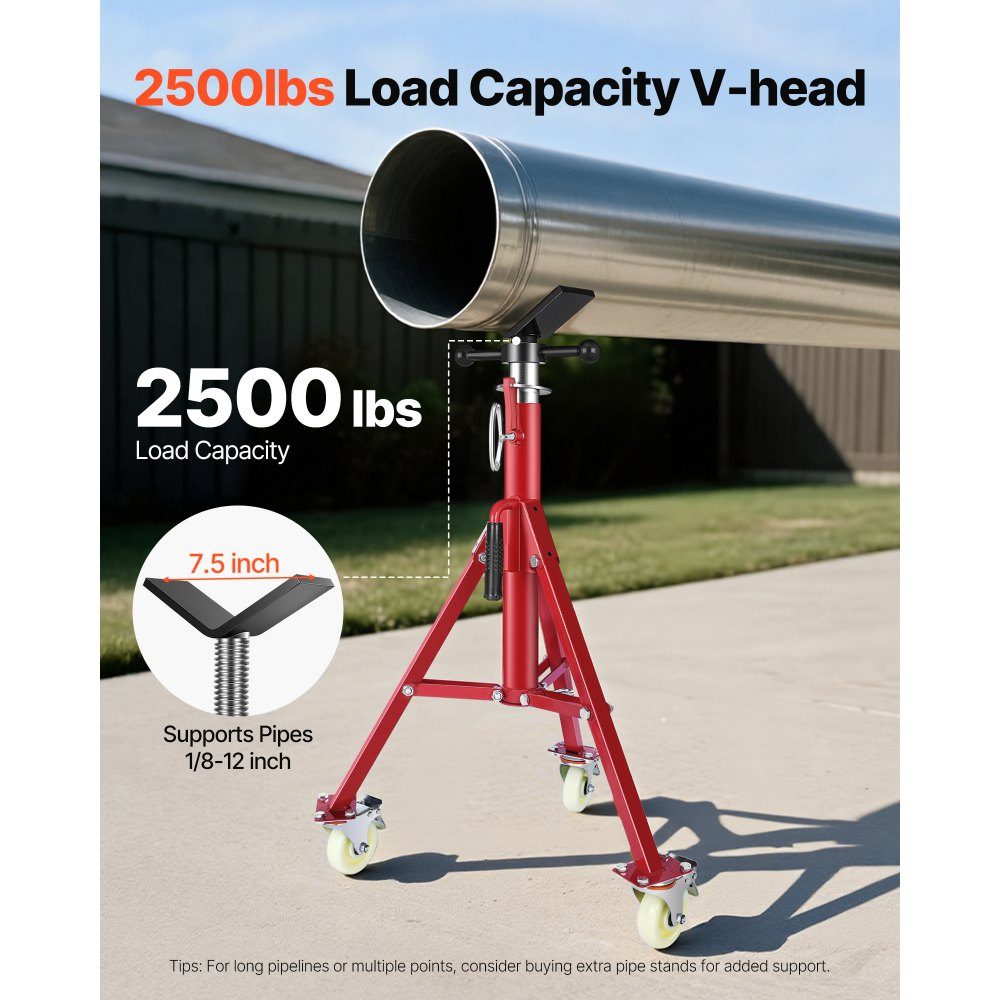 Pipe stand 400 kg load capacity, pipe support with 2 ball transfer V-head, pipe stand height adjustable 20-37 inch height, folding pipe stand for thread cutting machines rolling grooves