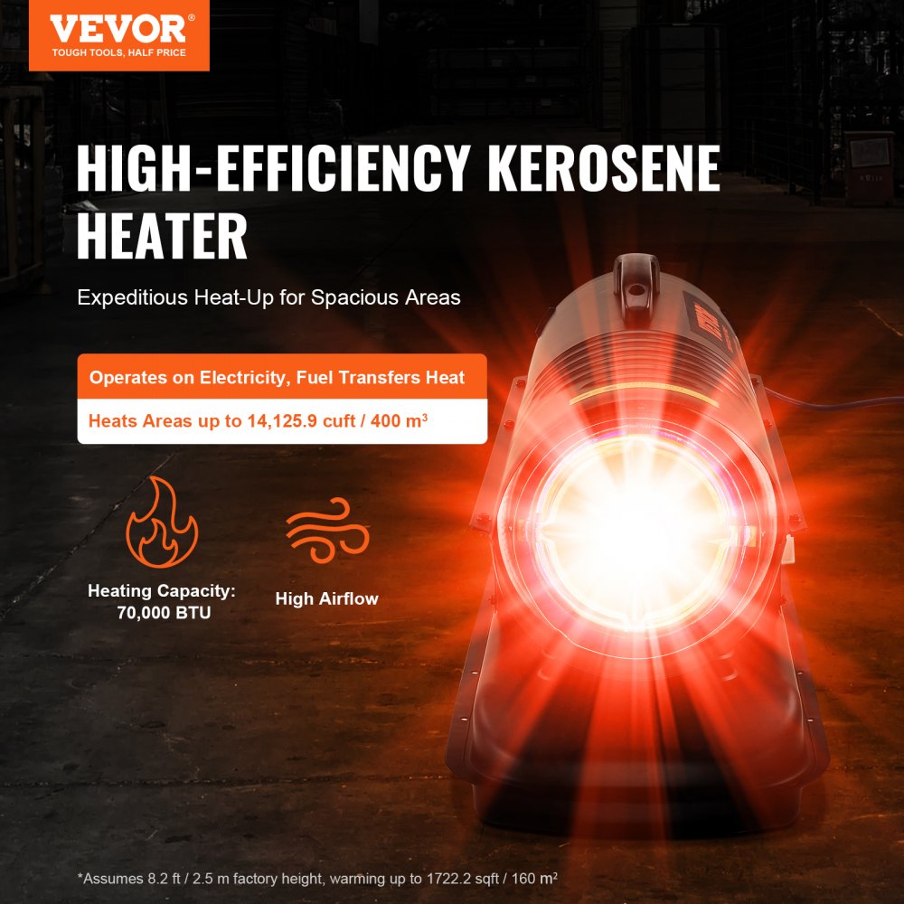 Kerosine/Diesel Heteluchtverwarmer, 70000 BTU Torpedo Ruimteverwarmer, Draagbaar met Thermostaatregeling, 19L Tank, Efficiënte Binnen Buiten Kerosine Verwarming voor Thuis, Bouwplaats, Industrieel, Werkplaatsen, Zwart