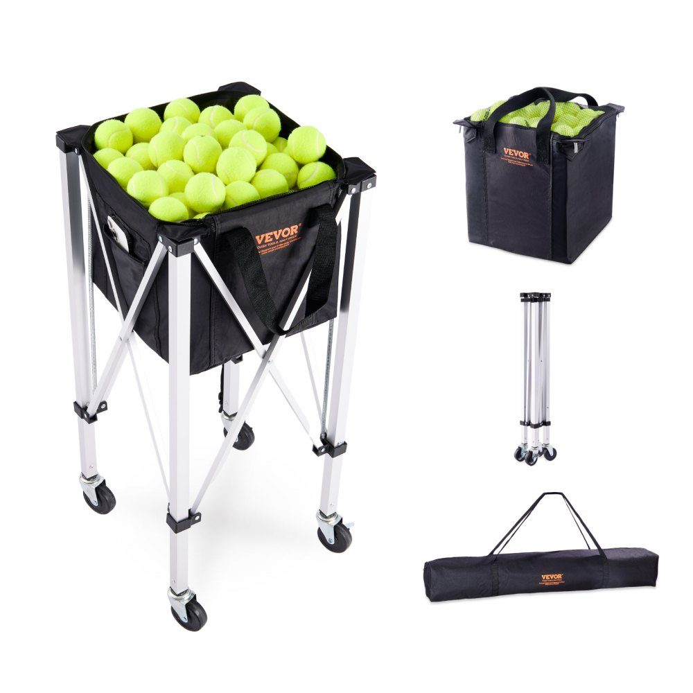 Collapsible Tennis Ball Container, Holds 150 Tennis Balls, Lightweight Aluminum Alloy Tennis Ball Basket Cart with Wheels, Detachable Bag, Carry Bag, Portable Physical Education Cart for Tennis Players