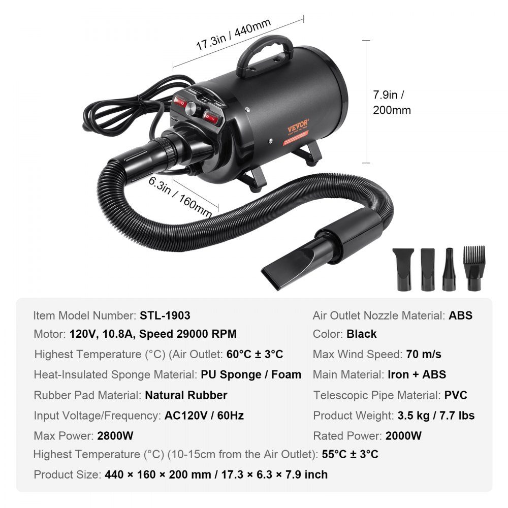 Sèche-poils pour chien, 2000 W, vitesse du vent 70 m/s, sèche-poils pour animaux de compagnie, sèche-cheveux pour toilettage, souffleur à 4 buses avec tuyau élastique, plage de température de 29,4 à 57,2 °C, sèche-poils pour animaux de compagnie