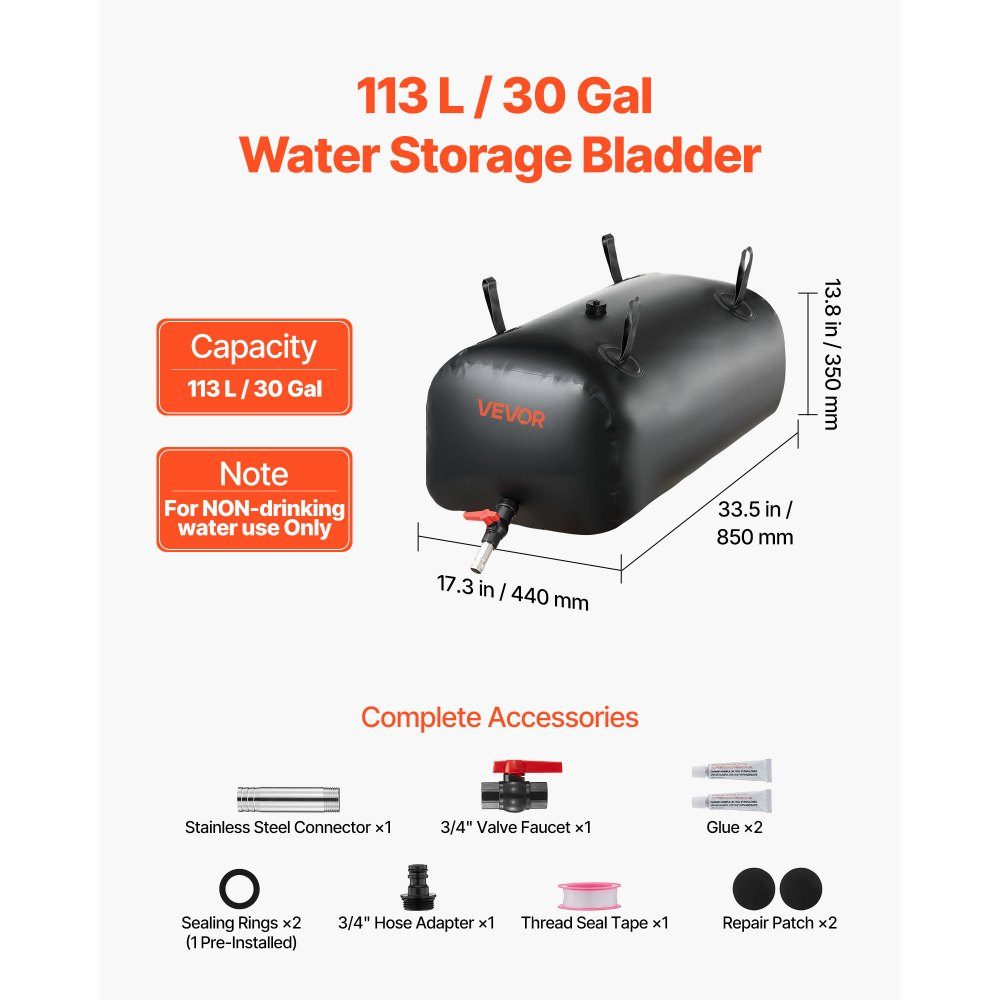 Vessie de stockage d'eau, sac à eau 113 L avec robinet, sac à eau pliable et portable en PVC 1000D, stockage d'eau pour système d'irrigation, résistance à la sécheresse et aux catastrophes, noir