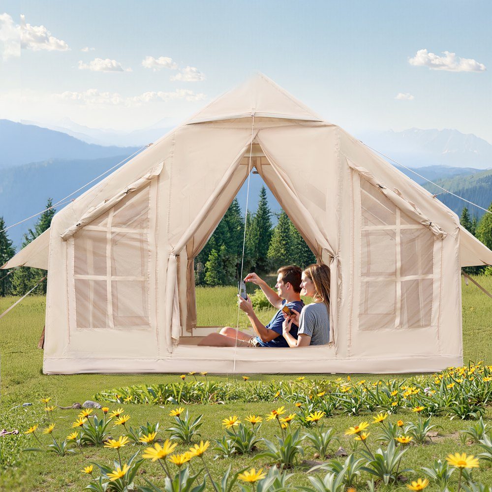 Opblaasbare kampeertenten 3 x 3 x 2,3 m 4-6 personen 300D Oxford 4-seizoenen glampingtent met handpomp, kachelaansluiting, 2 deuren en 4 gaasramen, inclusief opbergtas voor transport