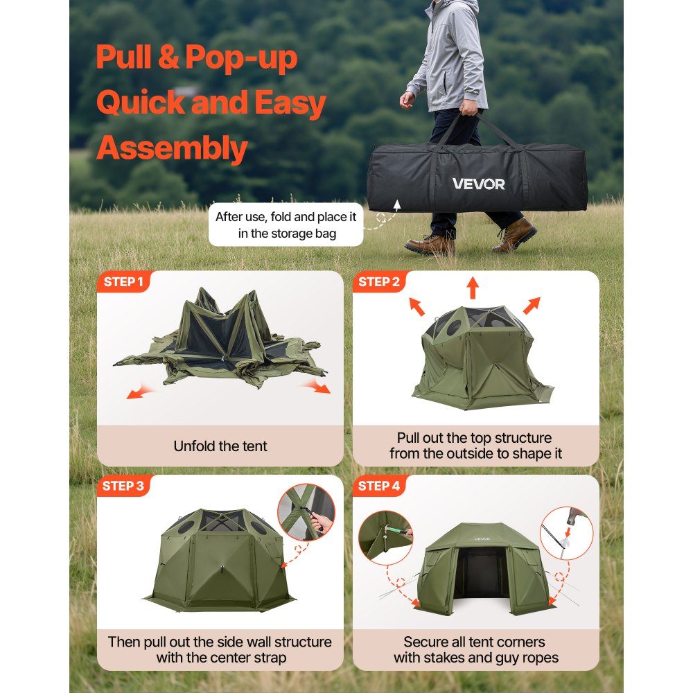 Pop Up Gazebo 12" x 12" 13 Sided Ball Camping Tent with Removable Roof and Carry Bag 360° Ventilation Sun Shade Party Tent for 10-12 People Green