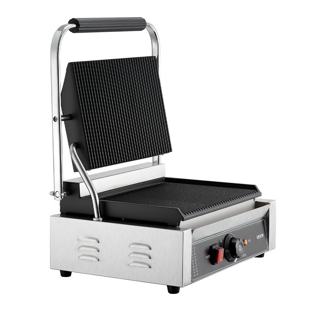 Commercial Panini Grill, Contact Grill 2200 W, for Sandwiches, Steak, Bacon, Hamburgers, Sandwich Maker, Stainless Steel Press Grill with Handle & Temperature Controller & 34 x 23 cm Heating Plate, Panini Press