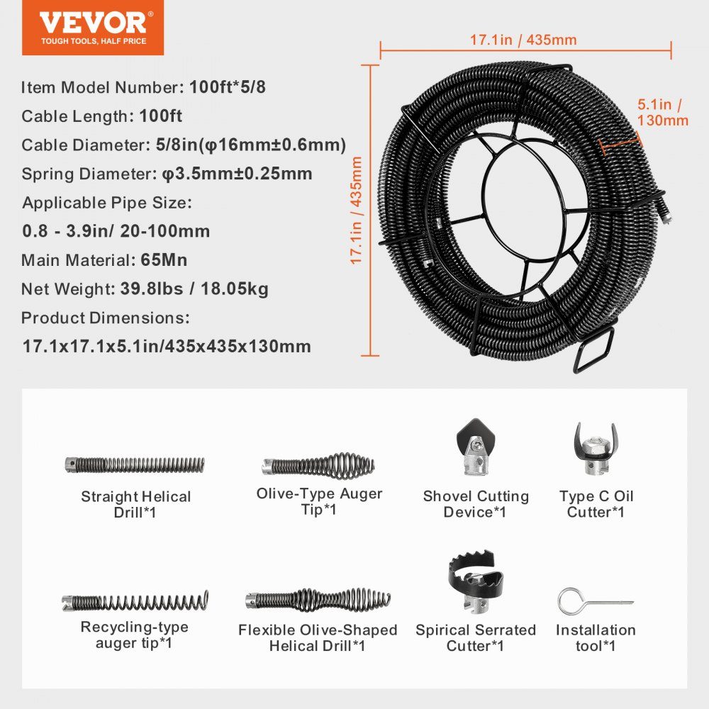 Kabel do czyszczenia rur 30 m x 16 mm Profesjonalny kabel do czyszczenia rur z 7 obcinakami do rur 20–100 mm Kabel kanalizacyjny z pustym rdzeniem do zlewu i odpływu podłogowego Toaleta