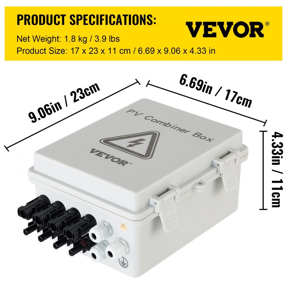 4-strand PV combination box 15 A fuse box 500 V apartment distributor protection class IP65 meter cabinet circuit breaker for solar panel network and off-grid solar power system 17 x 23 x 11 cm