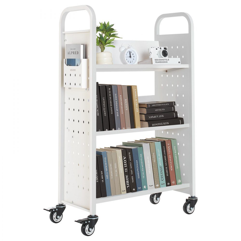 Bücherwagen, 150 kg Tragkraft, Bibliothekswagen, 77 x 38 x 122 cm, einseitiges V-förmiges Bücherregal mit Doppelbremsrädern, für Wohnzimmer, Büro, Schule, Weiß