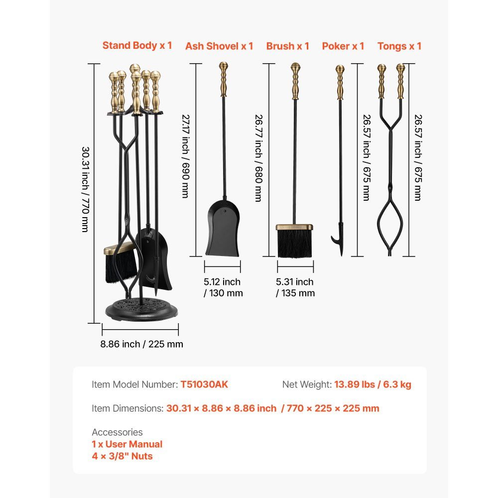 Kaminbesteck-Set, 5-teiliges Herdbesteck-Set, fünfzackiger Ständer, Zange, Aschenschaufel, Bürste, Schürhaken, schmiedeeisernes Kaminzubehör für den Innen- und Außenbereich, Schwarz und Messing