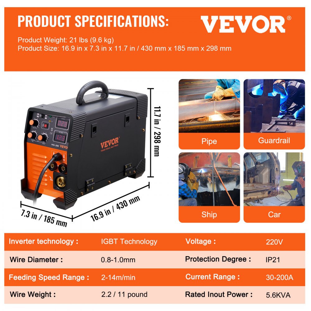 Poste à souder MIG/MMA/LIFT TIG 3 en 1 Soudage au fil fourré 30-200 A (0,8 mm et 1 mm) Technologie IGBT Vitesse du fil 2,2-12 m/min 200 A à Poste à souder MIG/MMA/LIFT TIG 3 en 1 Soudage au fil fourré 30-200 A (0,8 mm et 1 mm) Technologie IGBT Vitesse du fil 2,2-12 m/min 200 A à