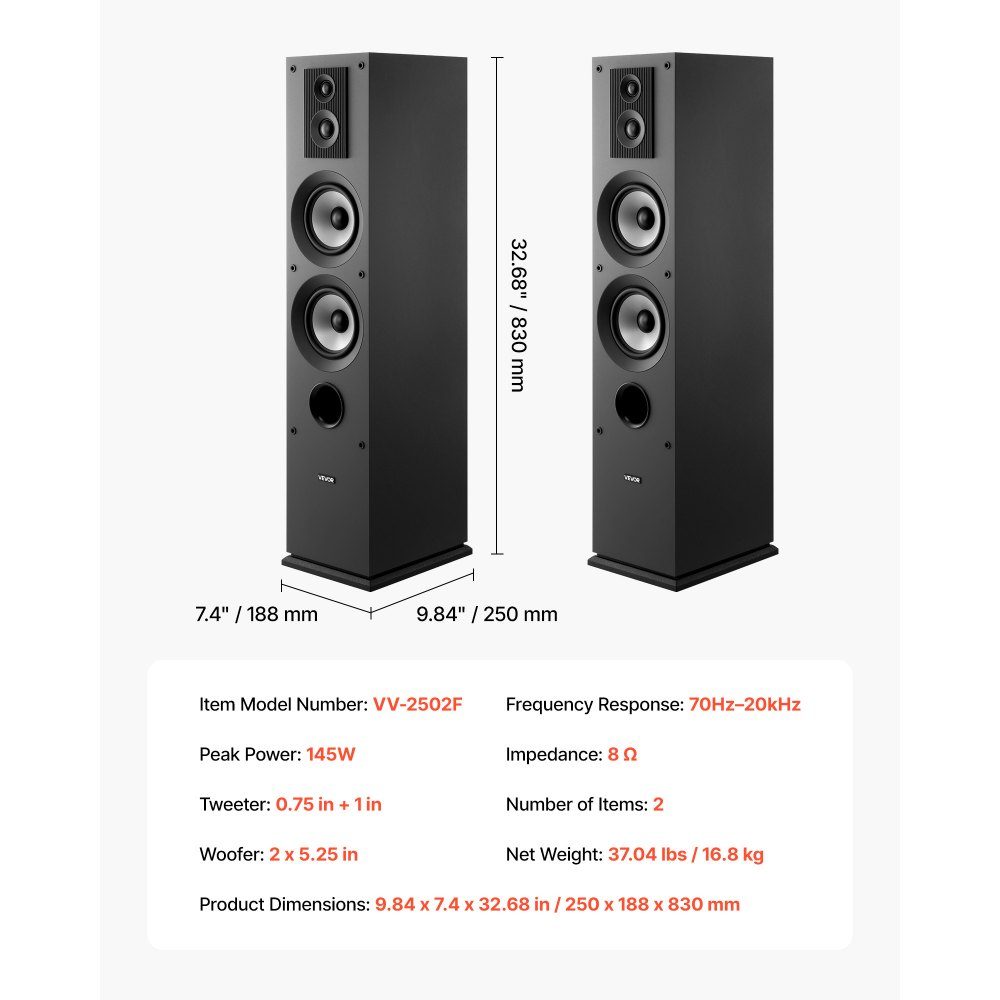 Passives Standlautsprecherpaar, 3-Wege-System mit 3/4"- und 1"-Hochtöner, zwei 5,25"-Tieftöner, 145 W Spitzenleistung, 70 Hz-20 kHz Frequenzgang, MDF-Gehäuse, für Home-Audio