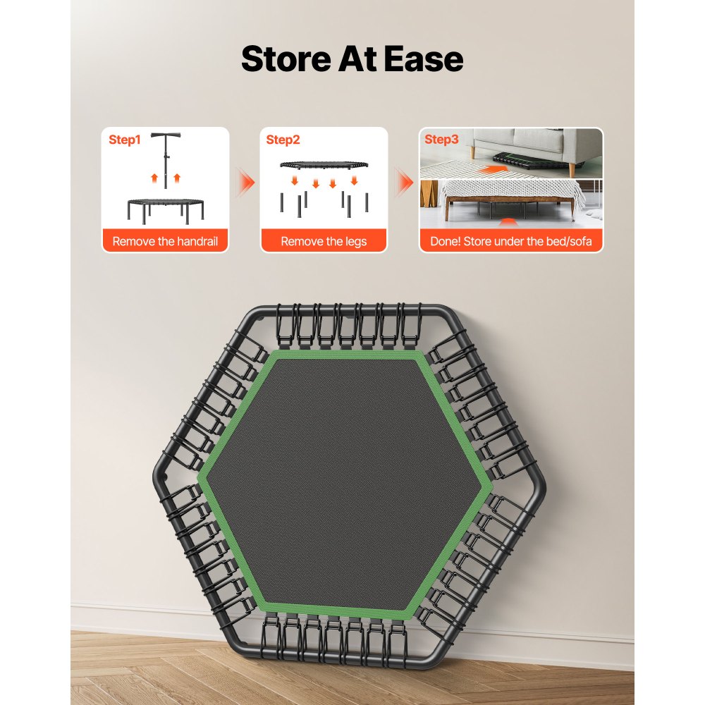 Indoor fitnesstrampoline voor volwassenen, mini-trampoline met een draagvermogen van 205 kg, rebounder-trampoline van 1385 mm met in 3 niveaus in hoogte verstelbare handgreep en schuimrubberen handgreep, hometrainer, sportuitrusting Indoor fitnesstrampoline voor volwassenen, mini-trampoline met een draagvermogen van 205 kg, rebounder-trampoline van 1385 mm met in 3 niveaus in hoogte verstelbare handgreep en schuimrubberen handgreep, hometrainer, sportuitrusting