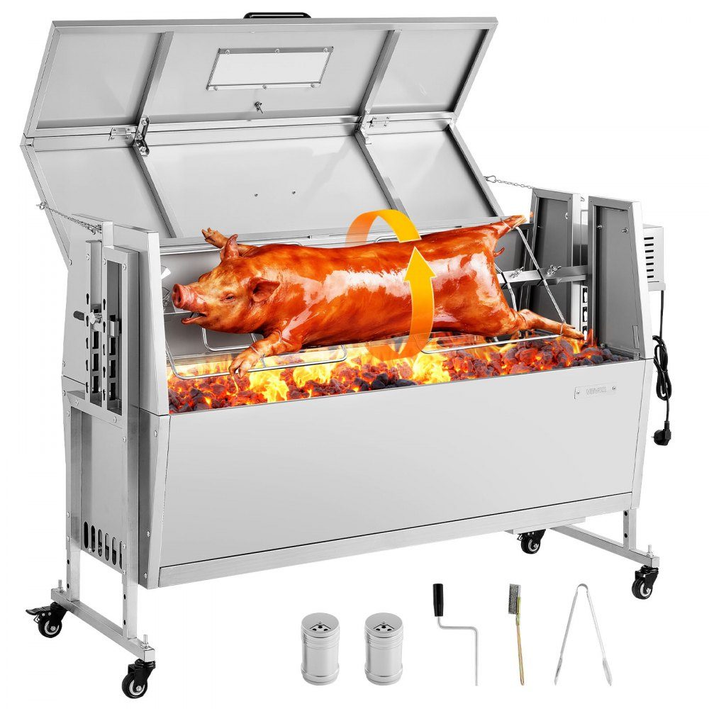 Rotisseriegrill 38W Spanferkelgrill Lammgrill Holzkohlegrill (1168,4 mm Grilllänge) mit 60 kg Tragkraft & Rollen & 4-fach Höhenverstellung & Deckel, Edelstahl Elektrogrill Set für Camping