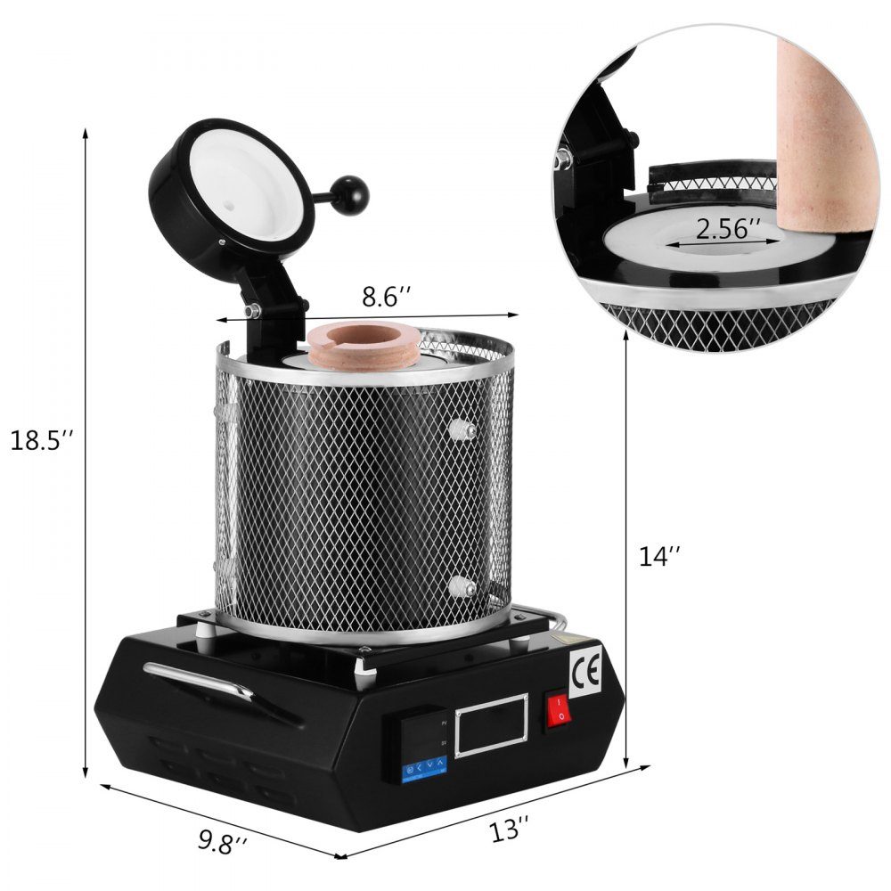 Gold Melting Furnace 1350W 1150℃ Maximum Temperature Digital Electric Melting Furnace 3kg Ceramic Crucible for Casting and Refining Precious Metals Processing Gold Silver Aluminum