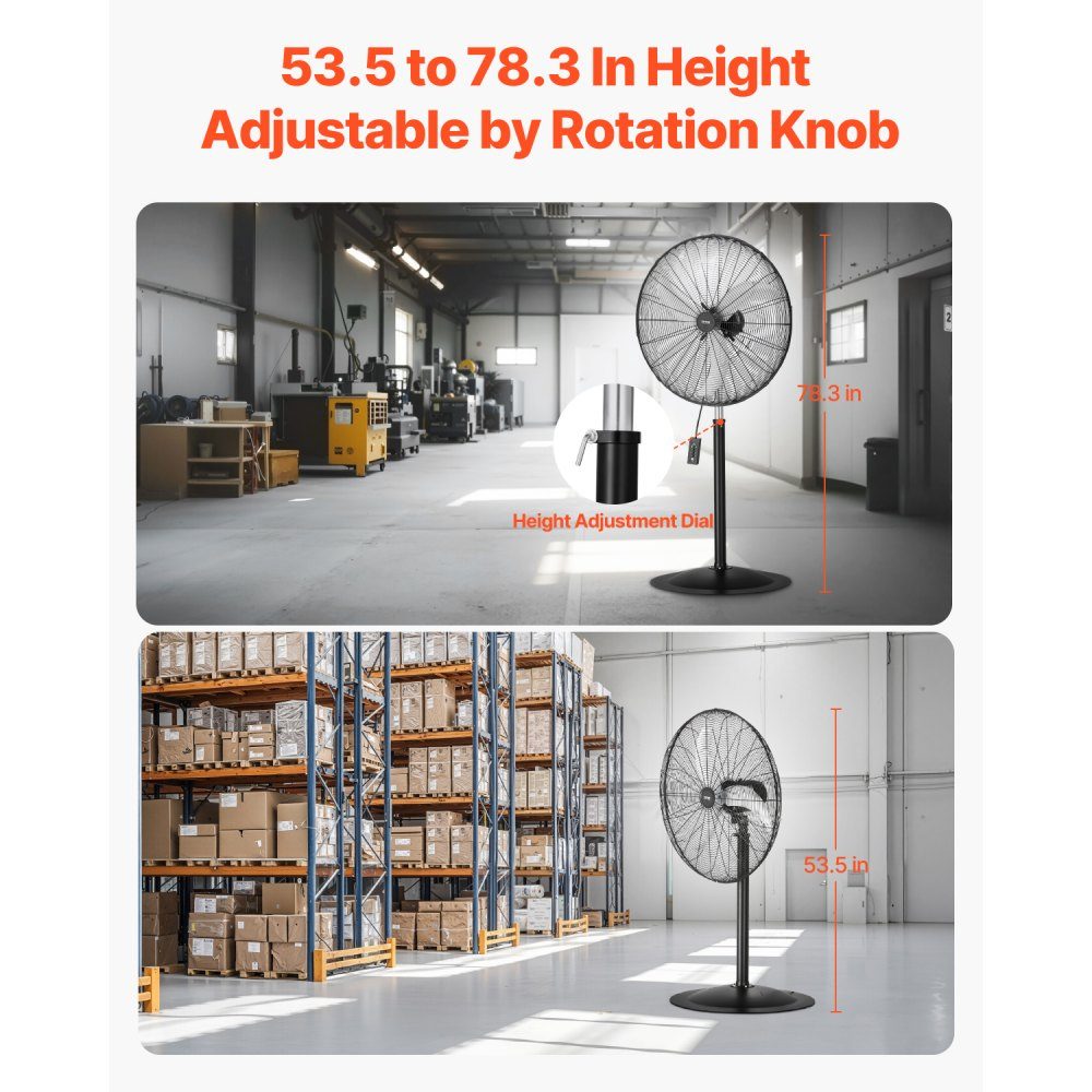 Industrial Pedestal Fan 810mm 85 Degree Oscillation Fan Height Adjustable Fans with 3 Adjustable Speeds Wind Machine for Workshop Warehouse Black