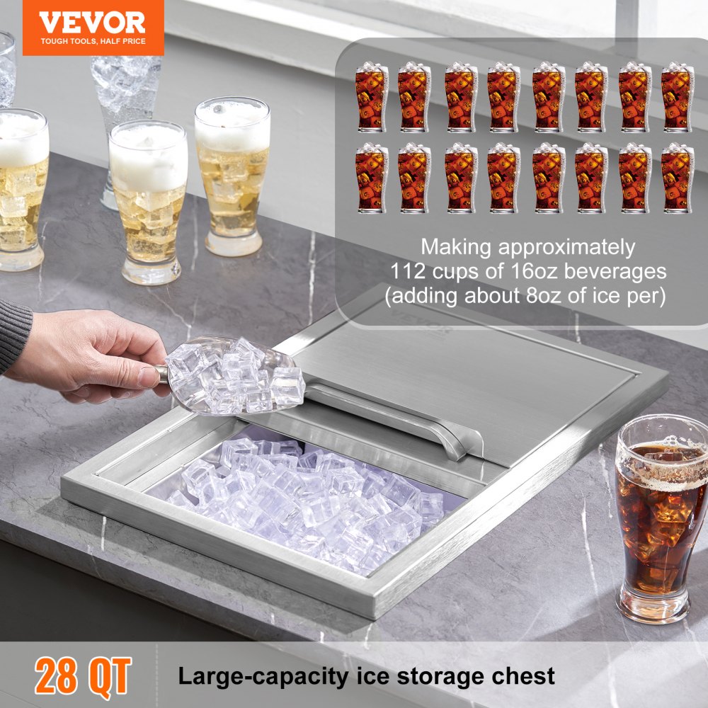 26.7L Drop-in Ice Box, 456 x 304 x 371mm Stainless Steel Ice Cooler, Commercial Ice Container with Sliding Lid, Integrated Ice Storage Box, Drain Pipe and Drain Plug Included 26.7L Drop-in Ice Box, 456 x 304 x 371mm Stainless Steel Ice Cooler, Commercial Ice Container with Sliding Lid, Integrated Ice Storage Box, Drain Pipe and Drain Plug Included