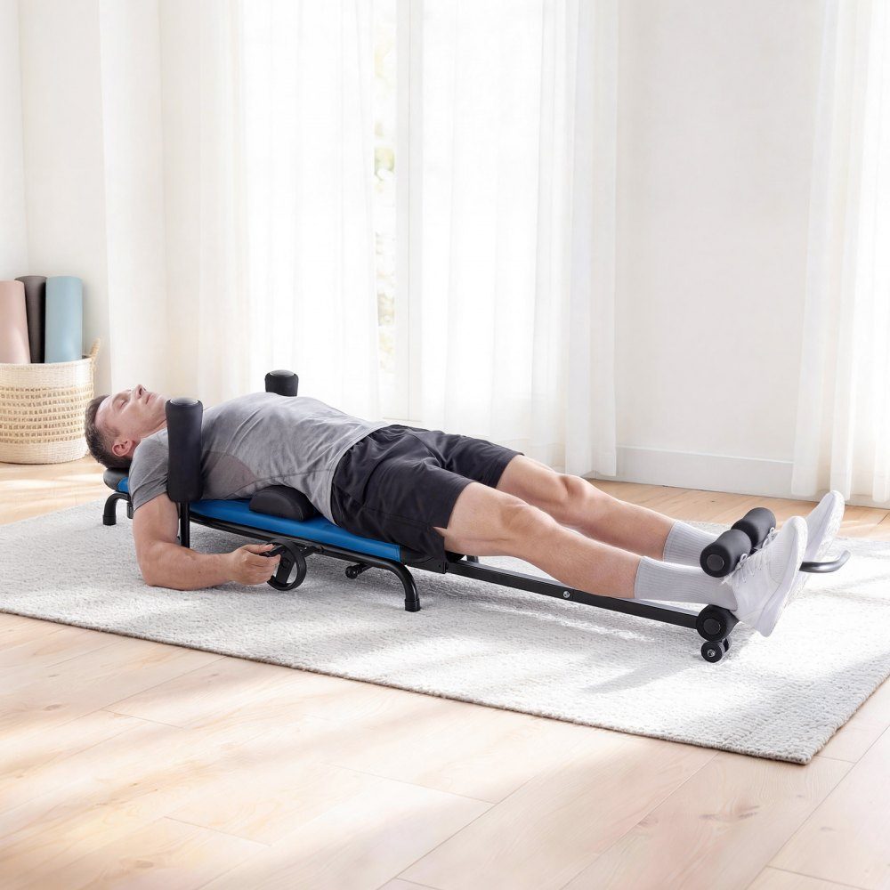 Rektrainer tot 160 kg, robuuste tuimeltafel met stabiele constructie, rugtrainer om de wervelkolom en nek te ontlasten, rugstrekbank met handmatige wielbediening blauw zwart