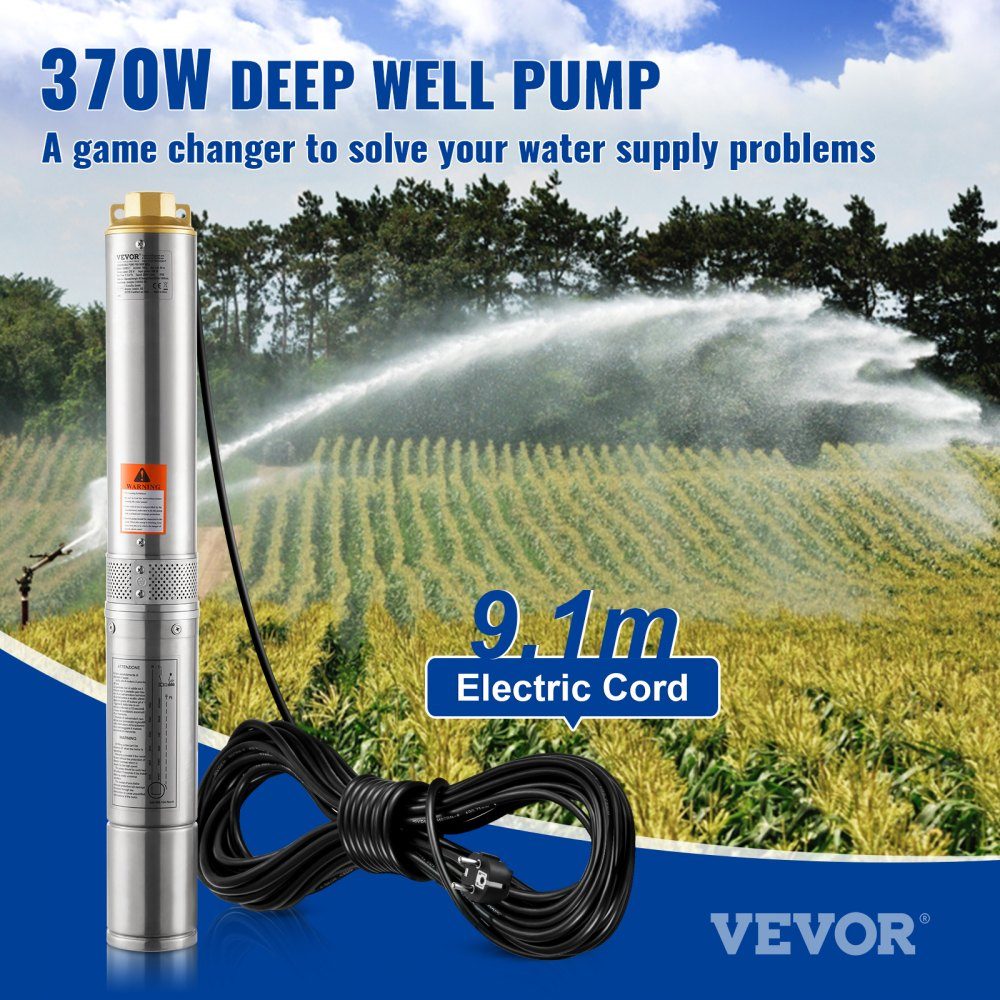 Tiefbrunnen-Tauchpumpe, 370 W, 230 V, 50 Hz, 5,3 m3/h max. Durchfluss, 50 m max. Förderhöhe, mit 9,1 m Stromkabel, Edelstahl-Wasserpumpen für industrielle Bewässerung und Heimgebrauch, Wasserschutzklasse IP68