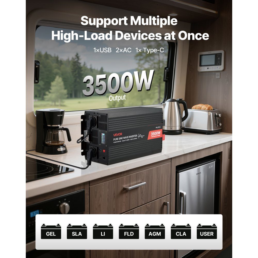 Przetwornica mocy 3500 W Przetwornica napięcia 12 V DC na 230 V AC Czysta fala sinusoidalna Konwerter ładowarki samochodowej na energię słoneczną z wyświetlaczem LCD Pilot zdalnego sterowania Port USB 2 gniazda AC Port typu C – Nr kat. HT-22251
