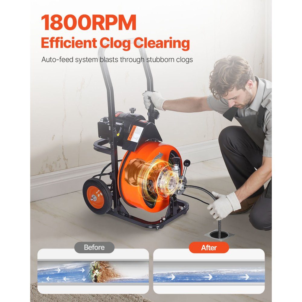 Pipe cleaning machine with automatic feed, 30m x 9.5mm pipe cleaning spiral with rollers, electric pipe cleaner for 5-10cm pipes, pipe cleaning device for drains, toilets, sinks