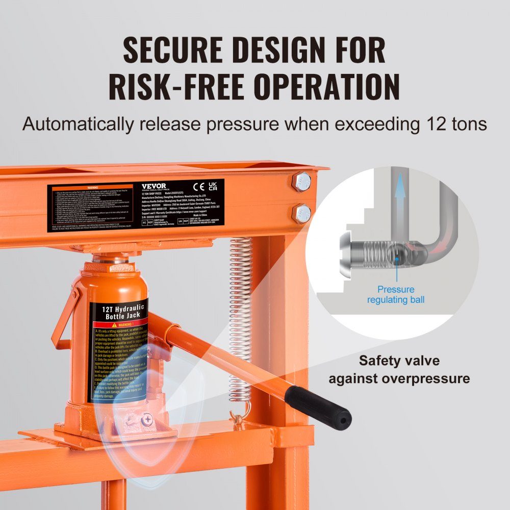 Workshop Press Hydraulic Press 12T Car Frame Press Orange 40-705mm Manual Bearing Press Carbon Steel Workshop Press for Car Bushings, Ball Joints, U-Joints etc