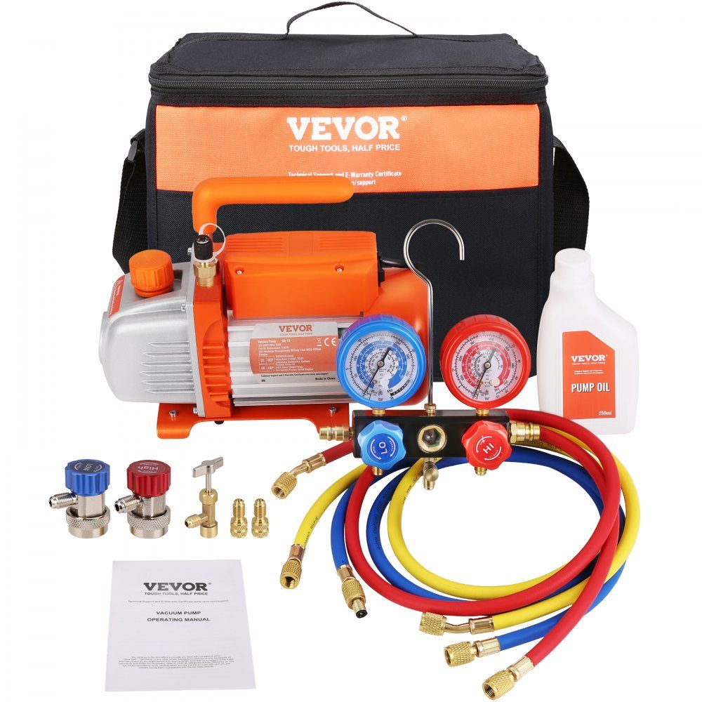 Vakuumpumpe 100 l/min, Vakuumpumpe, 1-stufig, 220 V/50 Hz, 1440 U/min, 800–4000 PSI (55–276 bar), 250 ml Ölkapazität, Vakuumausrüstung, Verteiler, Manometer-Set für Klimaanlagen, Fahrzeugkühlsysteme