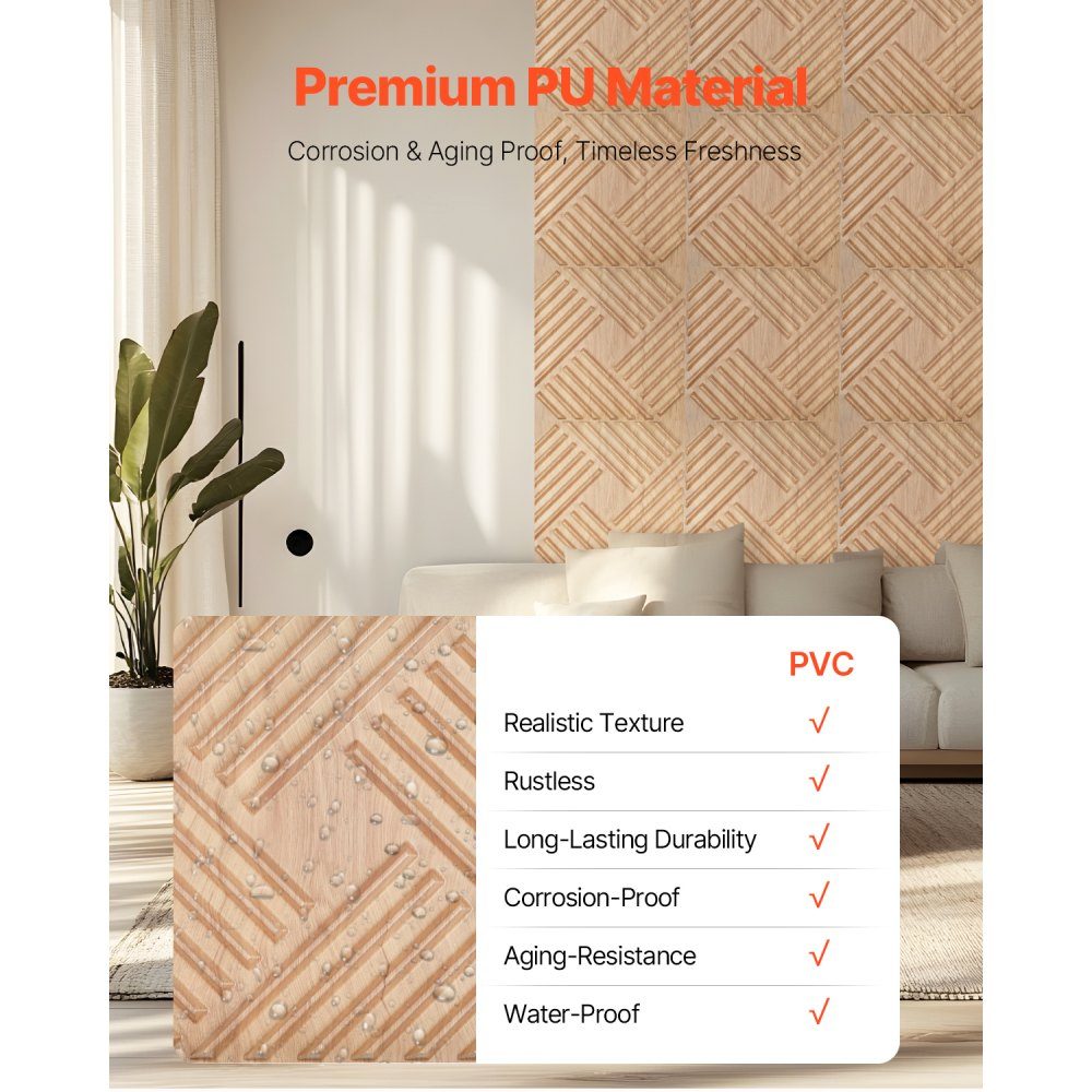 3D Wall Panels Set of 12 150x50cm Modern Minimalist Style PVC Wall Panels 2.97m² Area Interior for Bedroom Living Room Playroom Light Wood Color