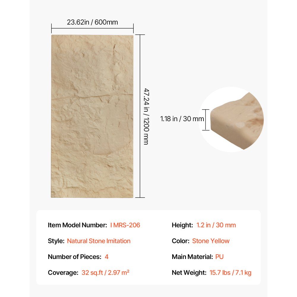 Lot de 4 panneaux muraux 3D 120 x 60 cm - Imitation pierre naturelle - Décoration murale - Surface de 2,97 m² - Décoration intérieure pour plafond, chambre à coucher, salon, salle de jeux - Pierre jaune