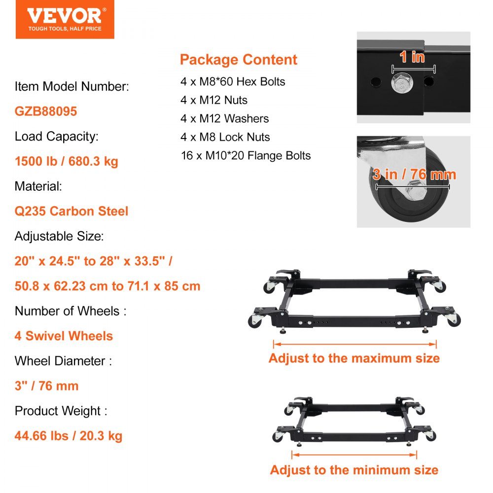 Mobile Base, 1500 lbs Capacity, Adjustable from 20" x 24.5" to 28" x 33.5", Heavy Duty Universal Mobile Base with 4 Caster Wheels, for Woodworking Equipment, Band Saws, Power Tools, Machinery