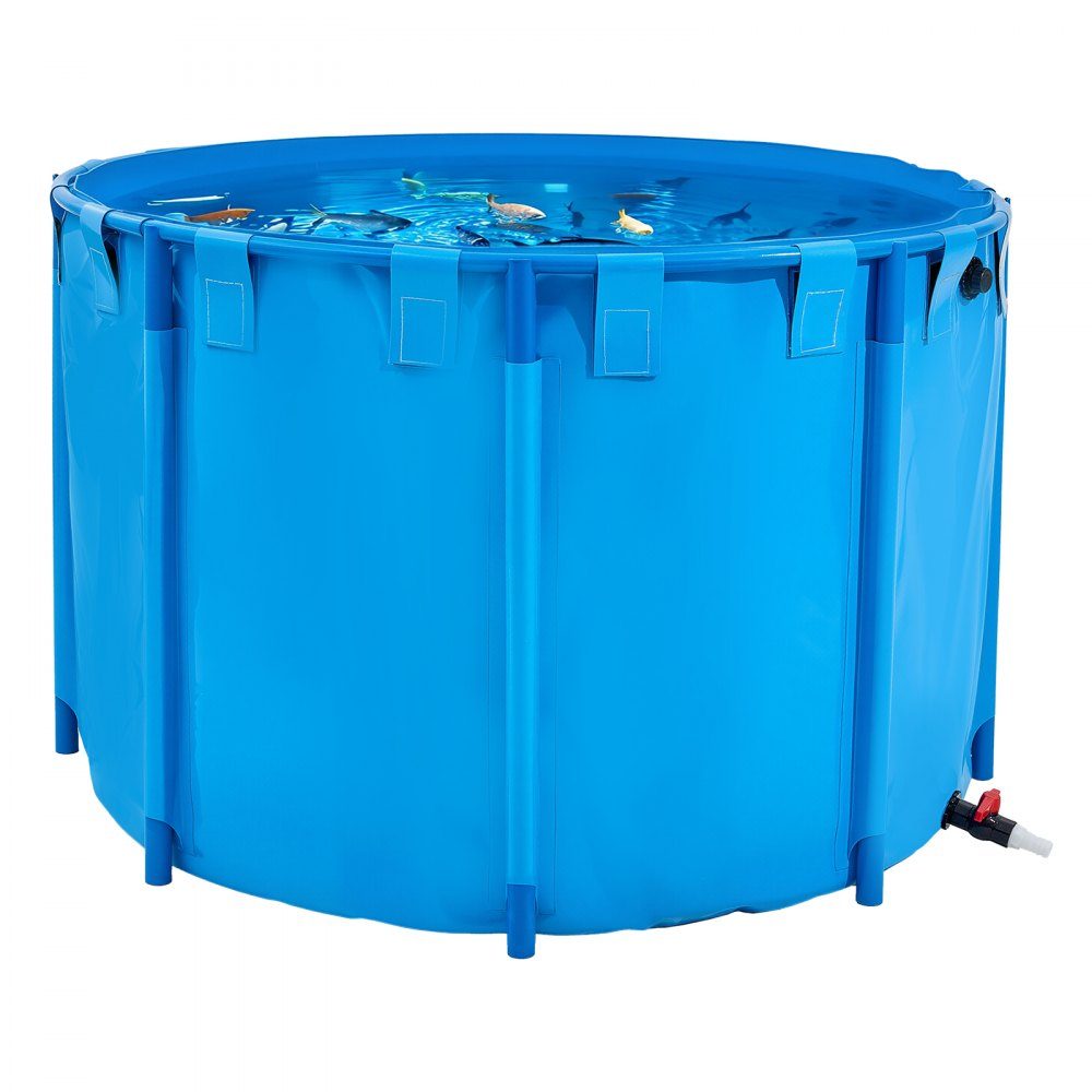 Étang à poissons en PVC d'une capacité de 1 700 L pliable pour aquarium rond avec cadre robuste et valve de vidange pour l'élevage de poissons rouges Koi (bleu)