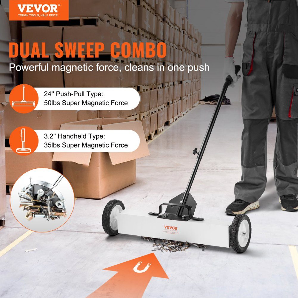 24 Inch Wheeled Magnetic Sweeper, 50 Pound Capacity, with Extendable Magnetic Pickup Tool, Adjustable Handle, Magnetic Pickup Sweeper for Picking Up Nails and Screws, for Workshop, Garage, Yard