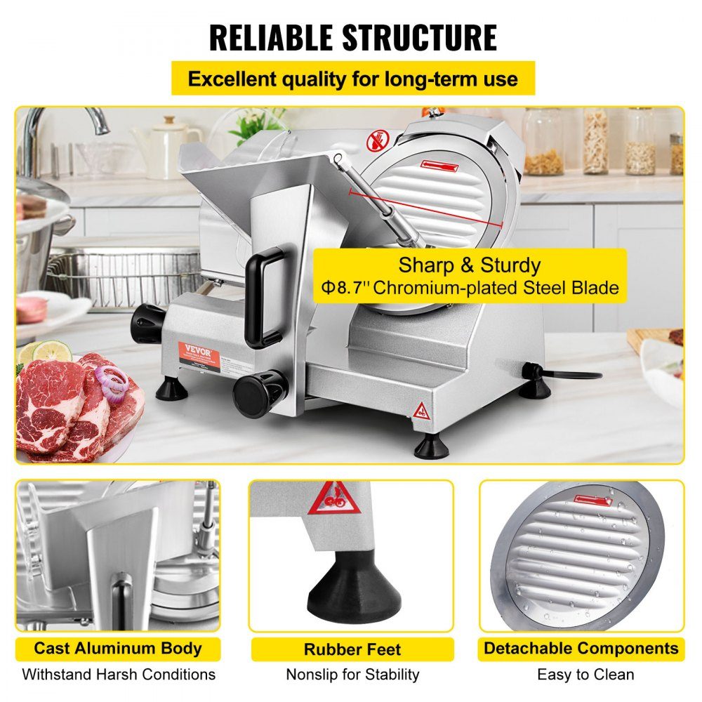 Kommerzieller Fleischschneider, 200 W, elektrischer Allesschneider, Lebensmittelschneider mit 20,3 cm langer Klinge aus Kohlenstoffstahl, 0–12 mm einstellbare Dicke für Fleisch, Käse usw