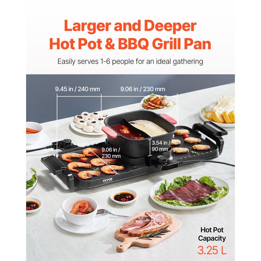 Hot Pot 2300 W 2-in-1 elektrischer rauchfreier Grill, abnehmbarer Shabu-Shabu-Topf mit Antihaft-Pfanne, separate Doppeltemperaturregelung, koreanischer Indoor-BBQ-Grill für 1–6 Personen