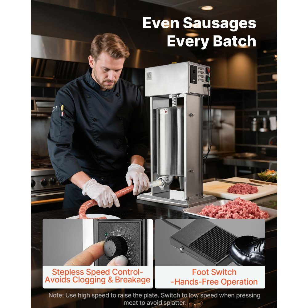 Electric Sausage Filler 15L Sausage Filling Machine Meat Filler with Stepless Speed ​​Control & Pedal, High Performance Stainless Steel Filler with 4 Sausage Filling Tubes, Meat Filling