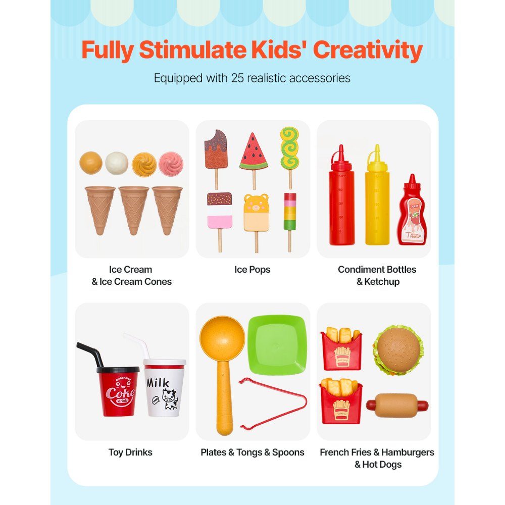 Chariot à glaces pour enfants, plus de 20 accessoires, glacier en bois avec volant et planche, scanner de paiement et congélateur, robinet et évier, adapté aux enfants de 3 à 7 ans, bleu