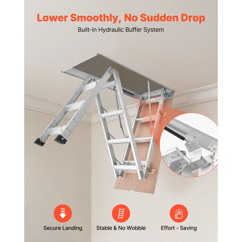 Folding Attic Stairs, 170kg Heavy Duty Aluminum and Wood Attic Ladder, Hydraulic Attic Stairs with Pull Rope for Ceiling Heights 300-313cm, Metal Ladder with 137cm x 57cm Access Opening, Silver