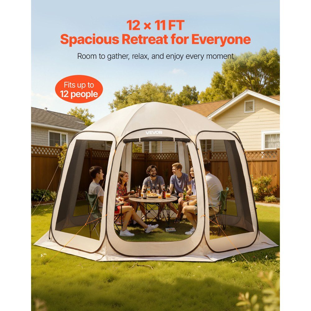 Pop Up Tent 144" x 134" Portable Camping Tent for 10-12 People with Net, Carry Bag, Side Walls and Pegs for Garden, Patio and Outdoor Activities, Beige