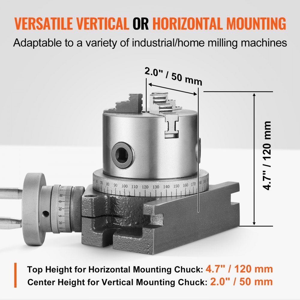 Fräsmaschinen-Drehtisch, 100 mm horizontales vertikales Modell, Präzisions-Fräsdrehtisch mit 80 mm 3-Backenfutter, M10 T-Bolzenmuttern für Frästechnik-Indizierungswerkzeuge
