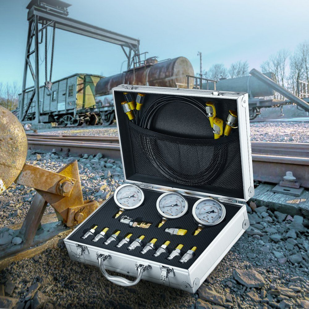 Kit de test de pression hydraulique, 250/400/600 bar, 3 jauges, 11 raccords de test, 3 tuyaux de test, ensemble de jauges de test hydraulique pour excavatrices avec sac de transport portable pour excavatrices, tracteurs, machines de construction