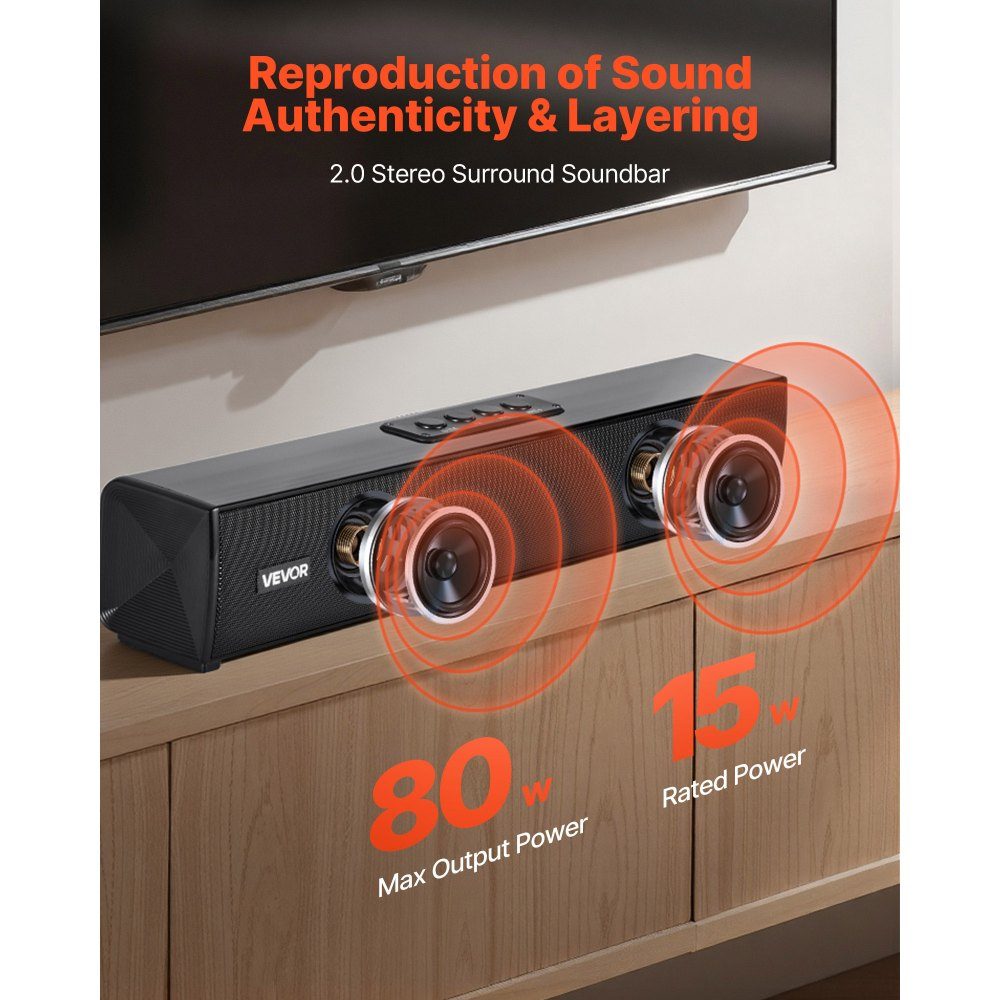 Soundbar für Smart TV, 2.0-Kanal, 450-mm-Kompakt-TV-Lautsprecher für Projektor, Bluetooth-AUX-Anschluss, Fernbedienung, 80-W-Surround-Sound-System für PC-Heimkino-Audio