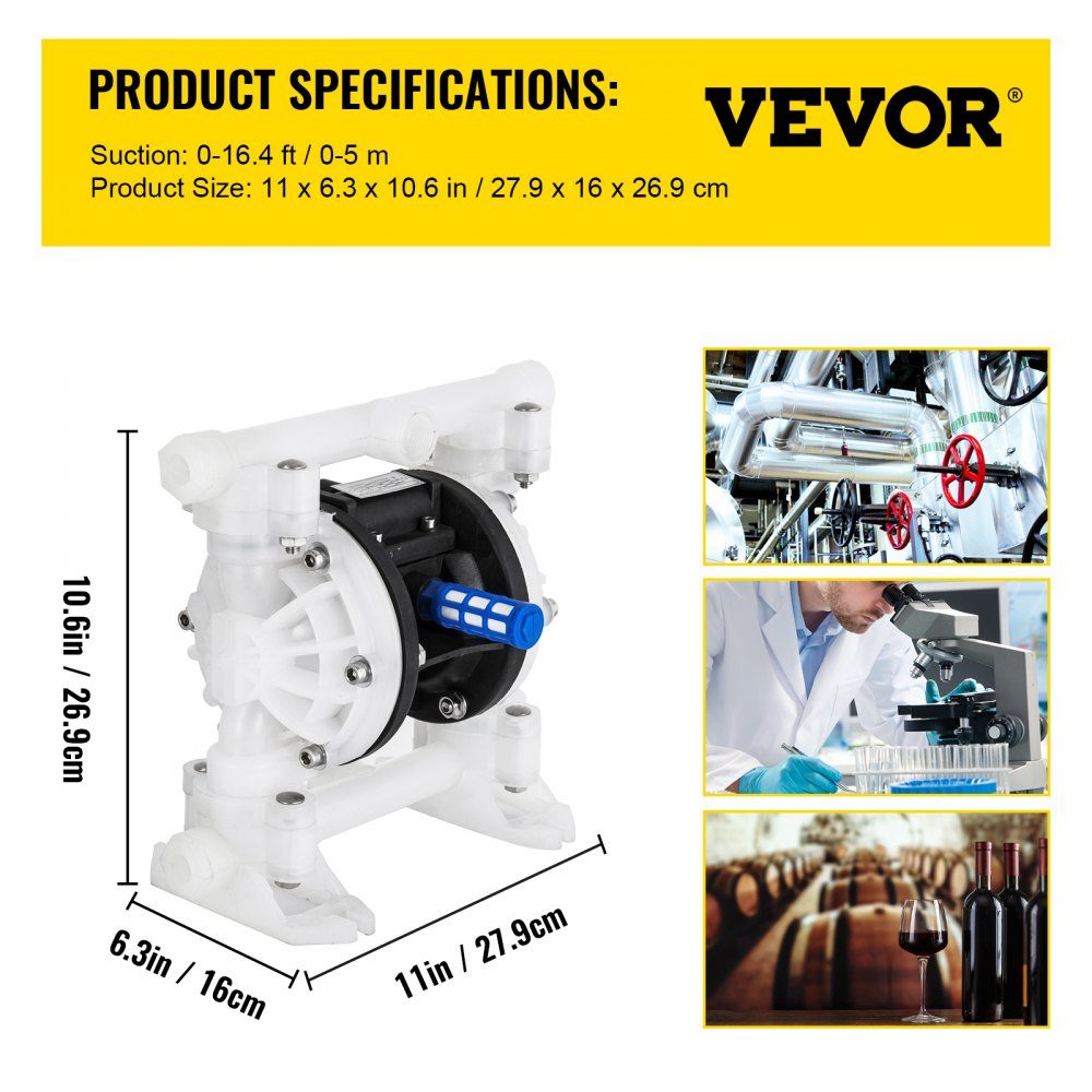 Compressed air double diaphragm pump 26.5 l/min with 1.27 cm inlet and outlet