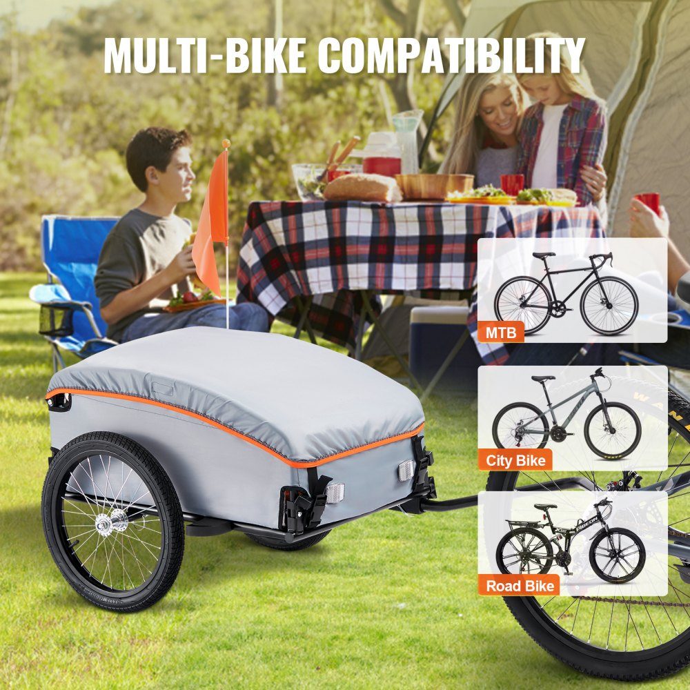 Remorque à vélo 45 kg, remorque cargo 1350 x 630 x 525 mm, remorque de transport, remorque cargo pliable pour vélo, espace de rangement compact avec attelage universel, pour faire du shopping, camper et pique-niquer