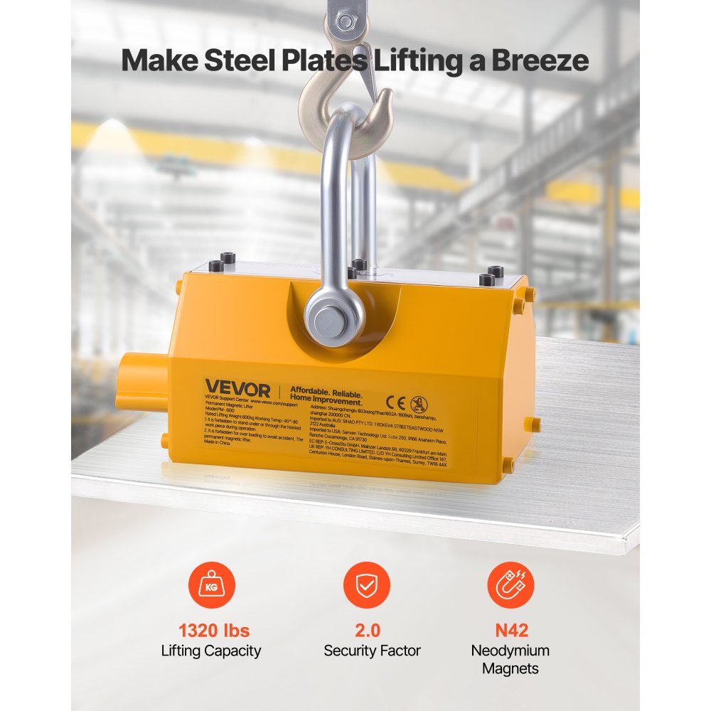 Load lifting magnet permanent magnet lifter 600 kg pulling force lifting magnet with release handle & steel hook, used in workshop cranes and hoists, for lifting steel plates, boards