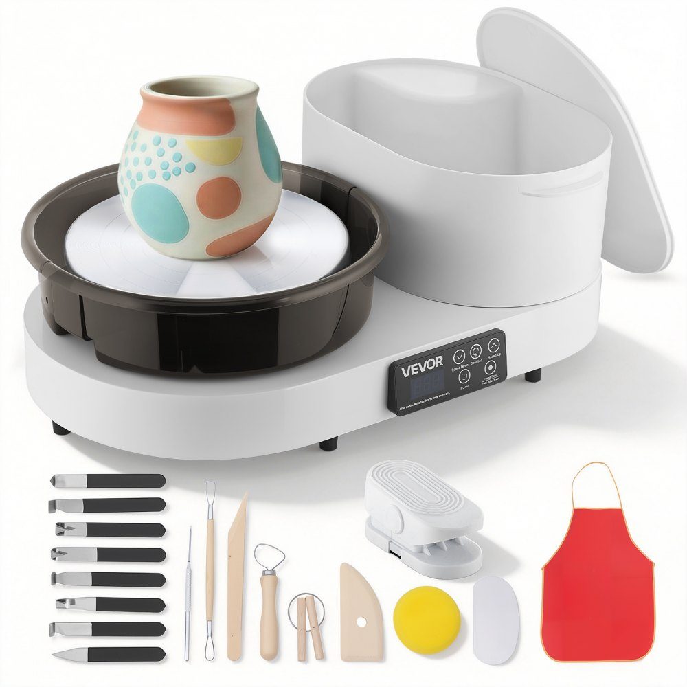 Pottery Wheel Electric 450W Pottery Lathe 28cm Turntable Pottery Machine with Foot Pedal and 30-300RPM Adjustable Speed ​​and Tool Box Ideal for Beginners DIY Clay Art White
