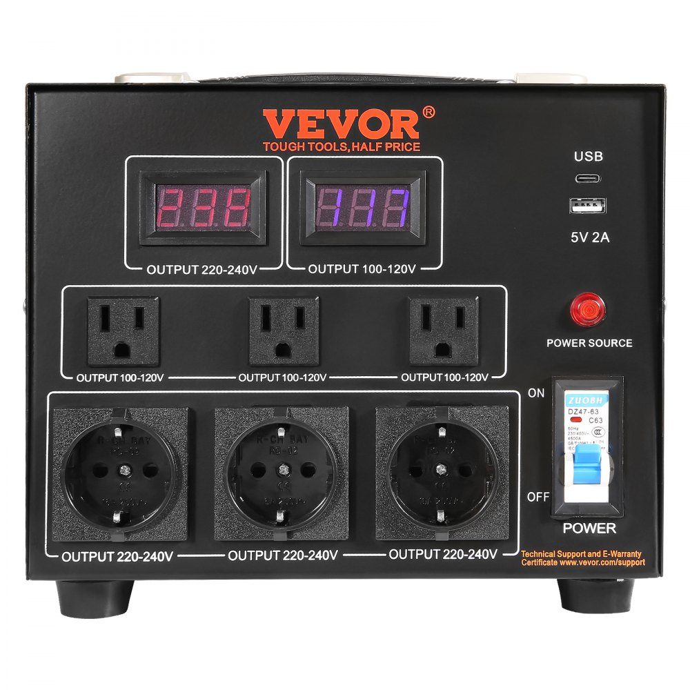 3000 W Spannungswandler-Transformator AC 110 V⇋220 V Transformator-Konverter 3 US NEMA 5-15R 3-polige Ausgangsbuchsen, 3 europäische Shucko-Ausgangsbuchsen, 1 USB-Buchse und 1 Typ-C-Buchse
