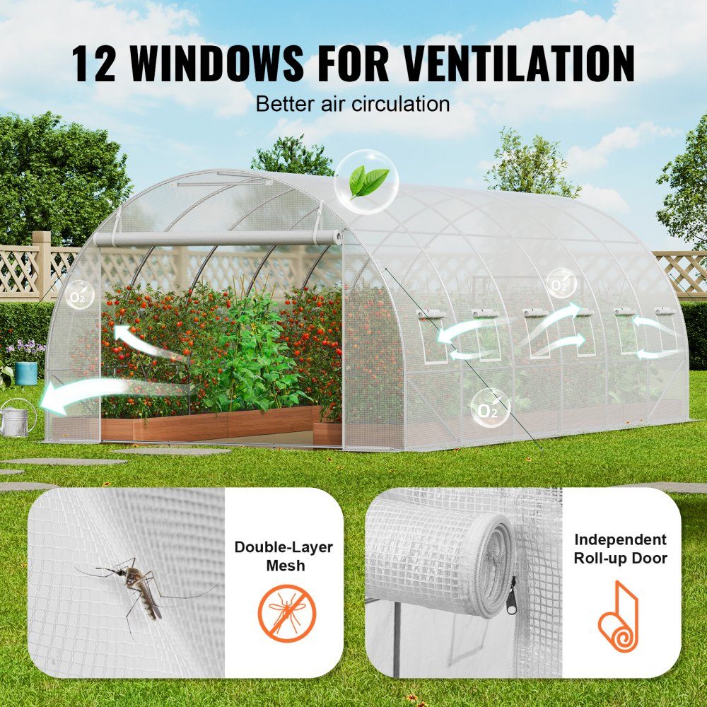 Walk-in tunnel greenhouse, 6.8 x 2.8 x 2.0 m, film greenhouse tunnel, plant greenhouse with galvanized steel frame, white PE cover, roll-up zipper door and 12 windows for outdoor use